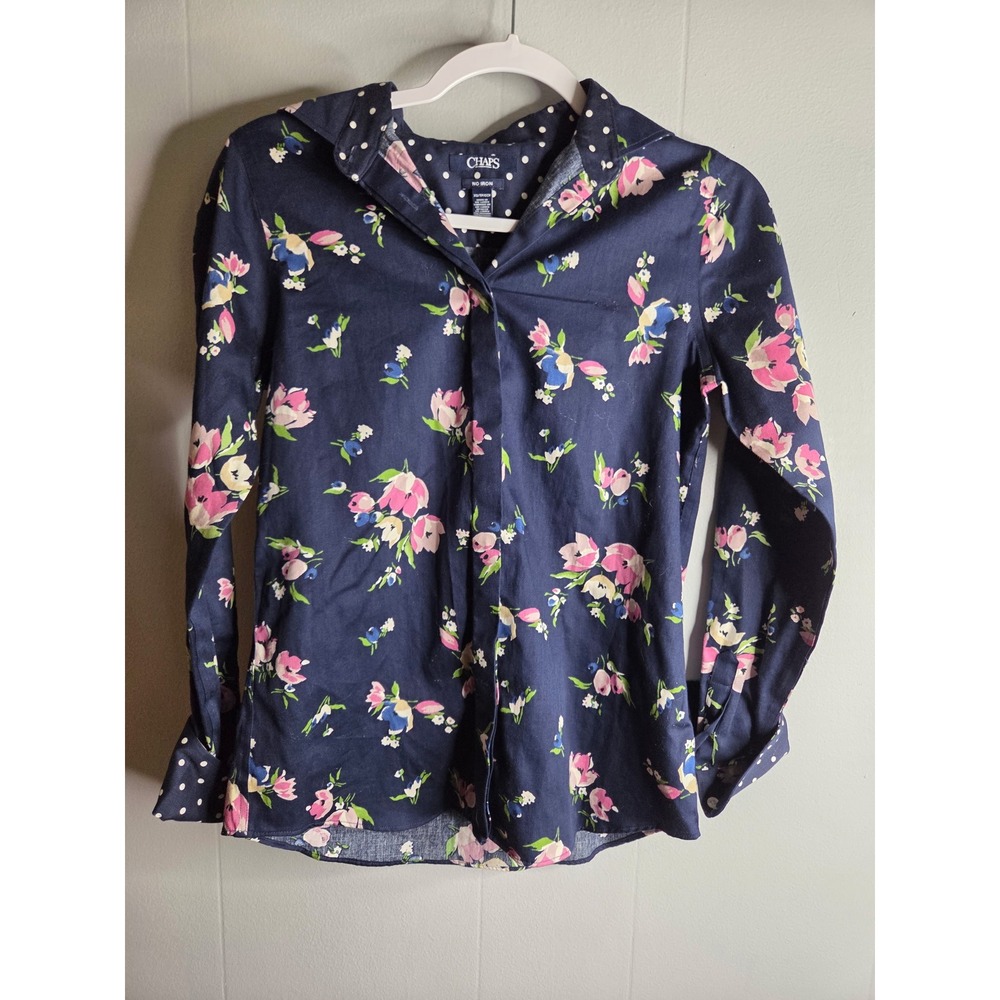 Chaps Womens Navy Blue Floral No Iron‎ Button Down Shirt Polka Dot XS 2001
